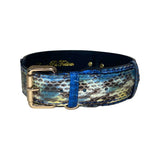 Snake-skin patterned collar in blue, yellow, and brown tones with a gold buckle and blue leather loop detail, displayed against a white background.