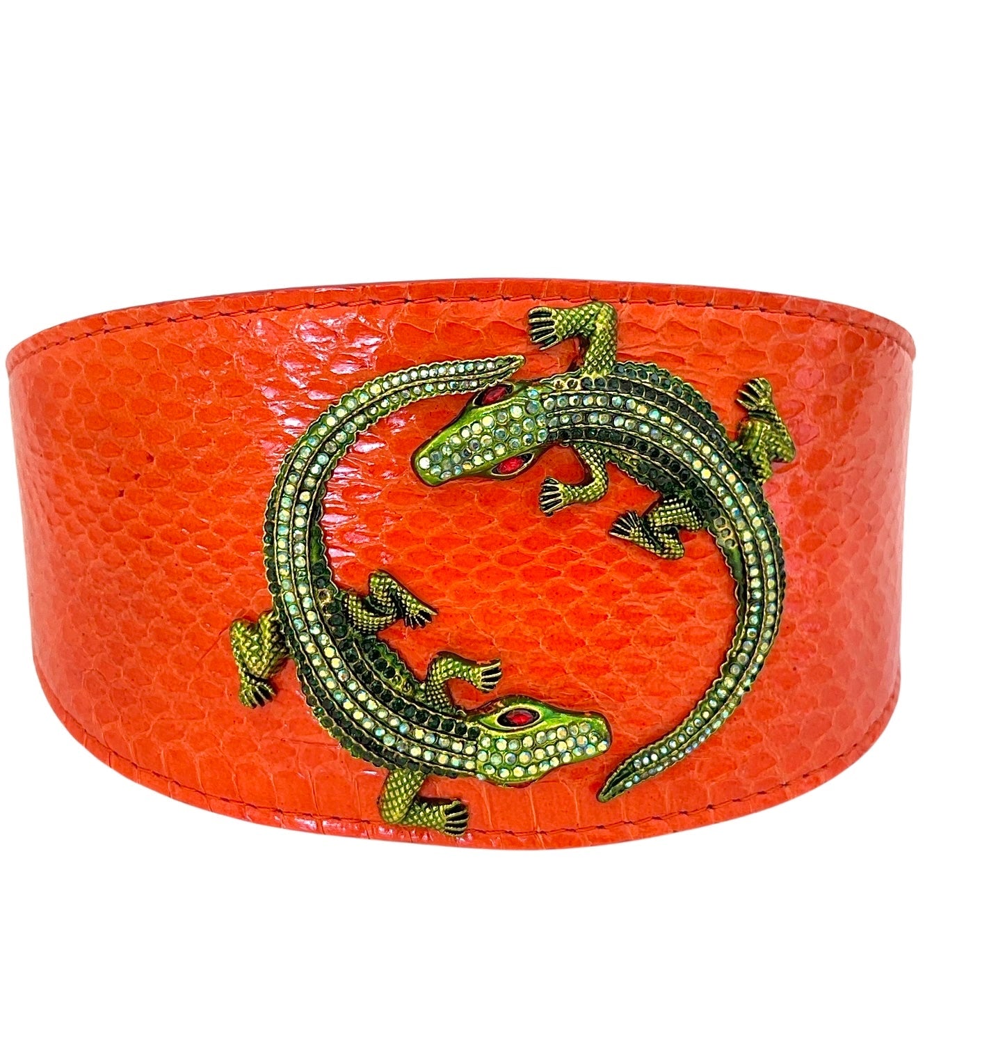 Orange snake pattern collar with green rhinestone alligator embellishments