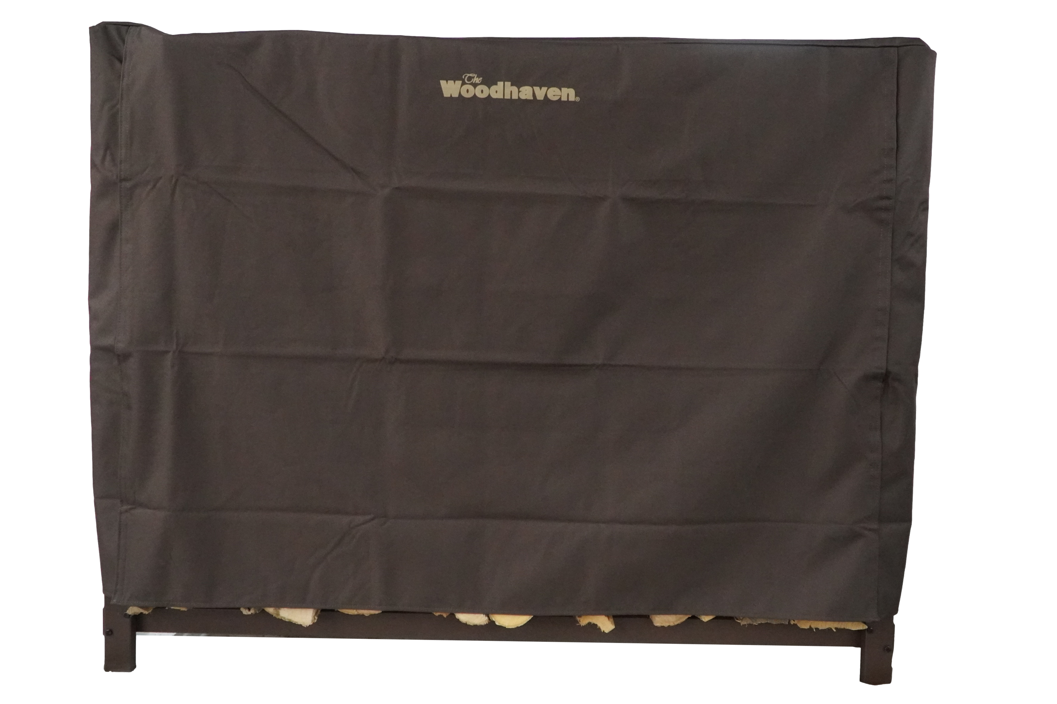 Woodhaven Full Firewood Rack Cover on firewood rack in outdoor setting