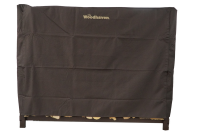 Woodhaven Full Firewood Rack Cover on firewood rack in outdoor setting