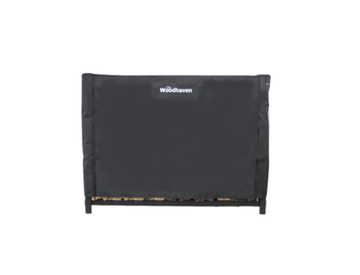 Woodhaven Full Firewood Rack Cover with zipper closure protecting stacked firewood outdoors