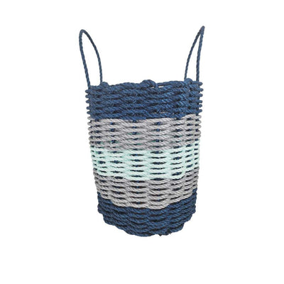 Five Stripe Rope Storage Basket in navy blue, light gray, and seafoam colors, shown in three sizes