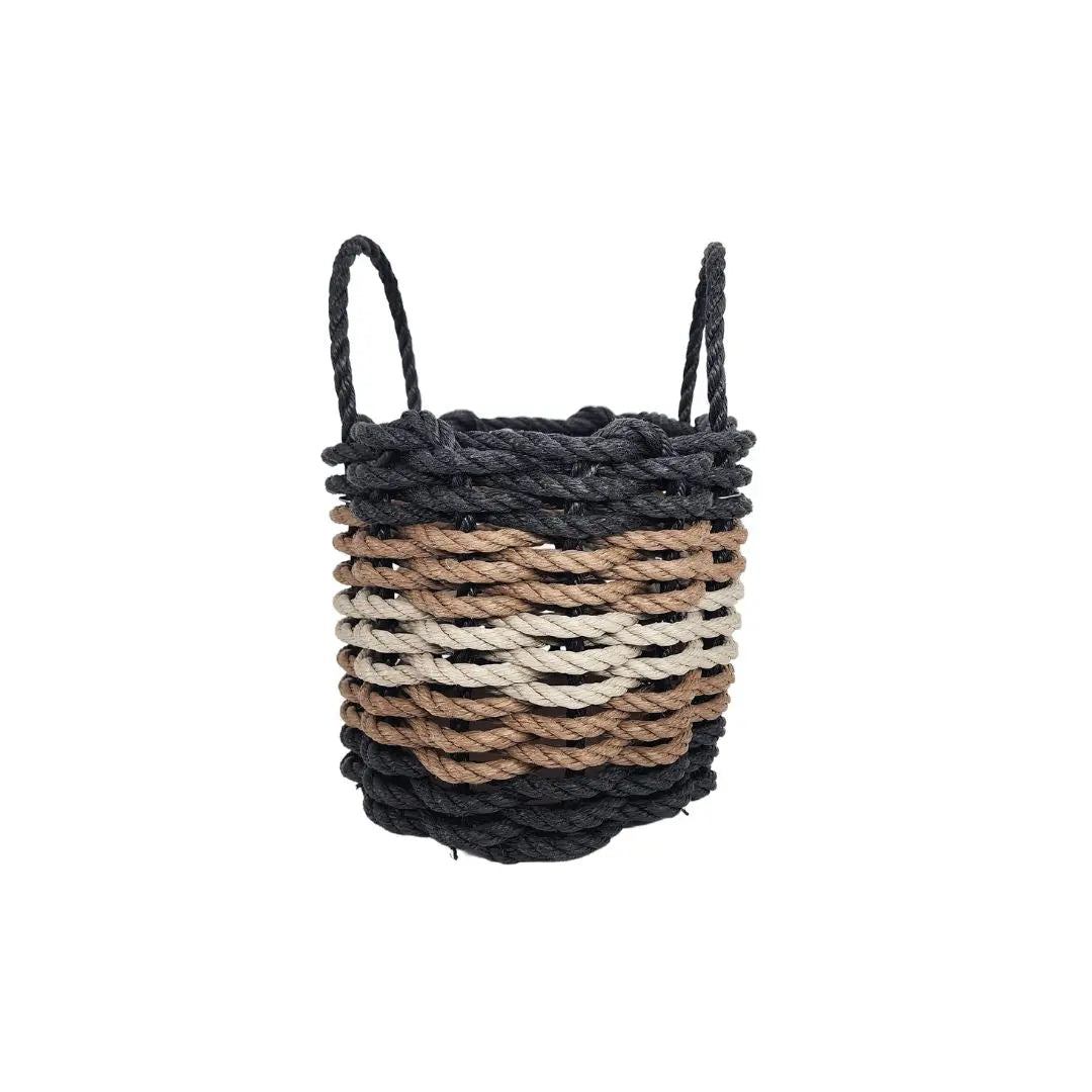 Five Stripe Rope Storage Basket in black, brown, and tan stripes, shown in various sizes