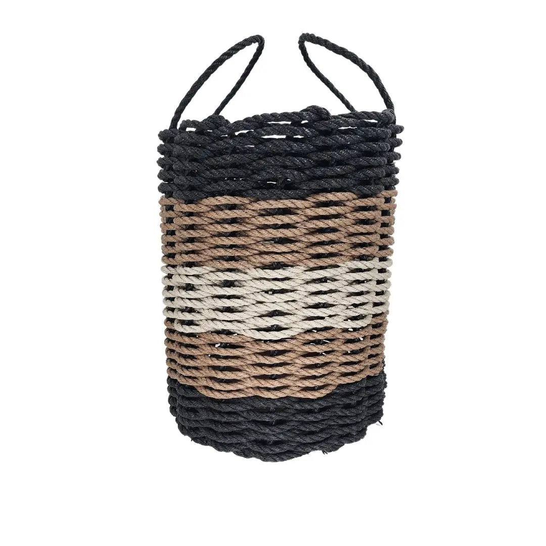 Five Stripe Rope Storage Basket in black, brown, and tan stripes, shown in various sizes