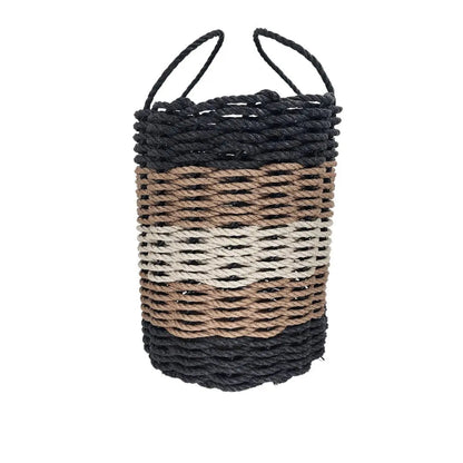 Five Stripe Rope Storage Basket in black, brown, and tan stripes, shown in various sizes