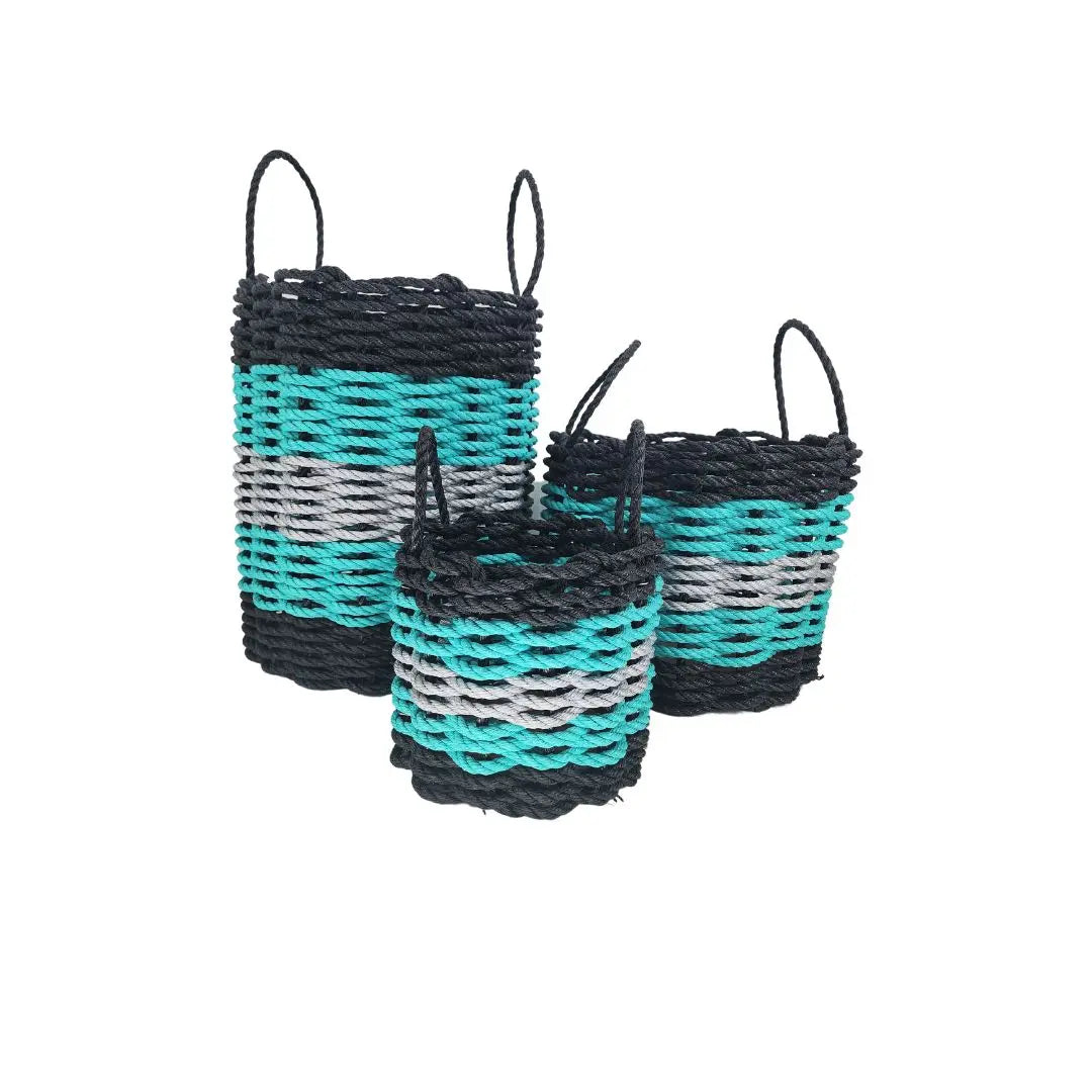 Five Stripe Rope Storage Basket in Black, Teal, and Gray, shown in multiple sizes