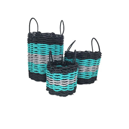 Five Stripe Rope Storage Basket in Black, Teal, and Gray, shown in multiple sizes