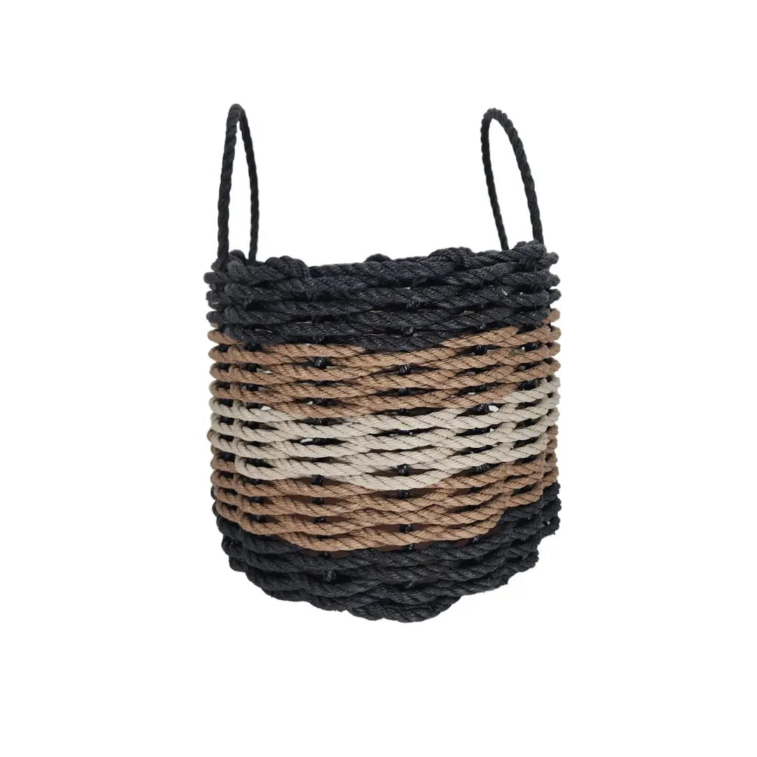 Five Stripe Rope Storage Basket in black, brown, and tan stripes, shown in various sizes
