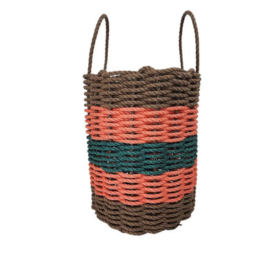 Five Stripe Rope Storage Basket in brown, orange, and hunter green stripes