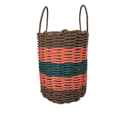 Five Stripe Rope Storage Basket in brown, orange, and hunter green stripes