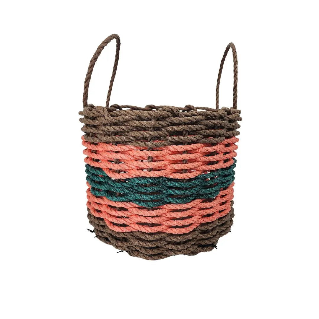 Five Stripe Rope Storage Basket in brown, orange, and hunter green stripes