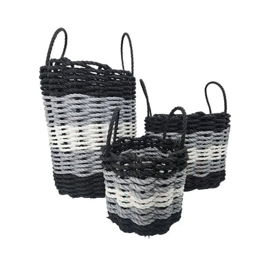 Five Stripe Rope Storage Basket in black, gray, and white stripes, shown in multiple sizes