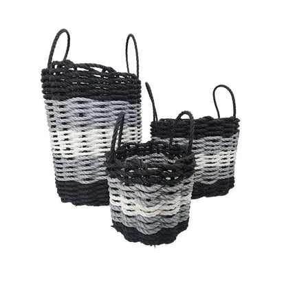 Five Stripe Rope Storage Basket in black, gray, and white stripes, shown in multiple sizes