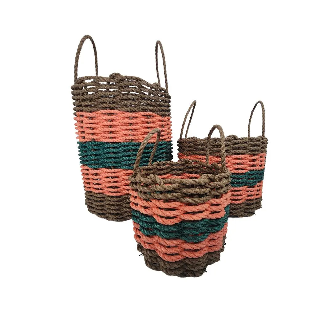 Five Stripe Rope Storage Basket in brown, orange, and hunter green stripes