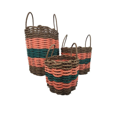 Five Stripe Rope Storage Basket in brown, orange, and hunter green stripes