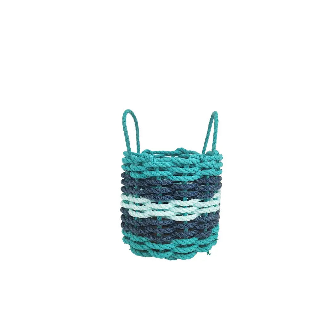 Five Stripe Rope Storage Basket in teal, navy blue, and seafoam colors, shown in three sizes