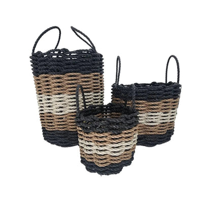 Five Stripe Rope Storage Basket in black, brown, and tan stripes, shown in various sizes