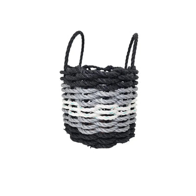 Five Stripe Rope Storage Basket in black, gray, and white stripes, shown in multiple sizes