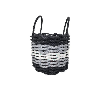 Five Stripe Rope Storage Basket in black, gray, and white stripes, shown in multiple sizes