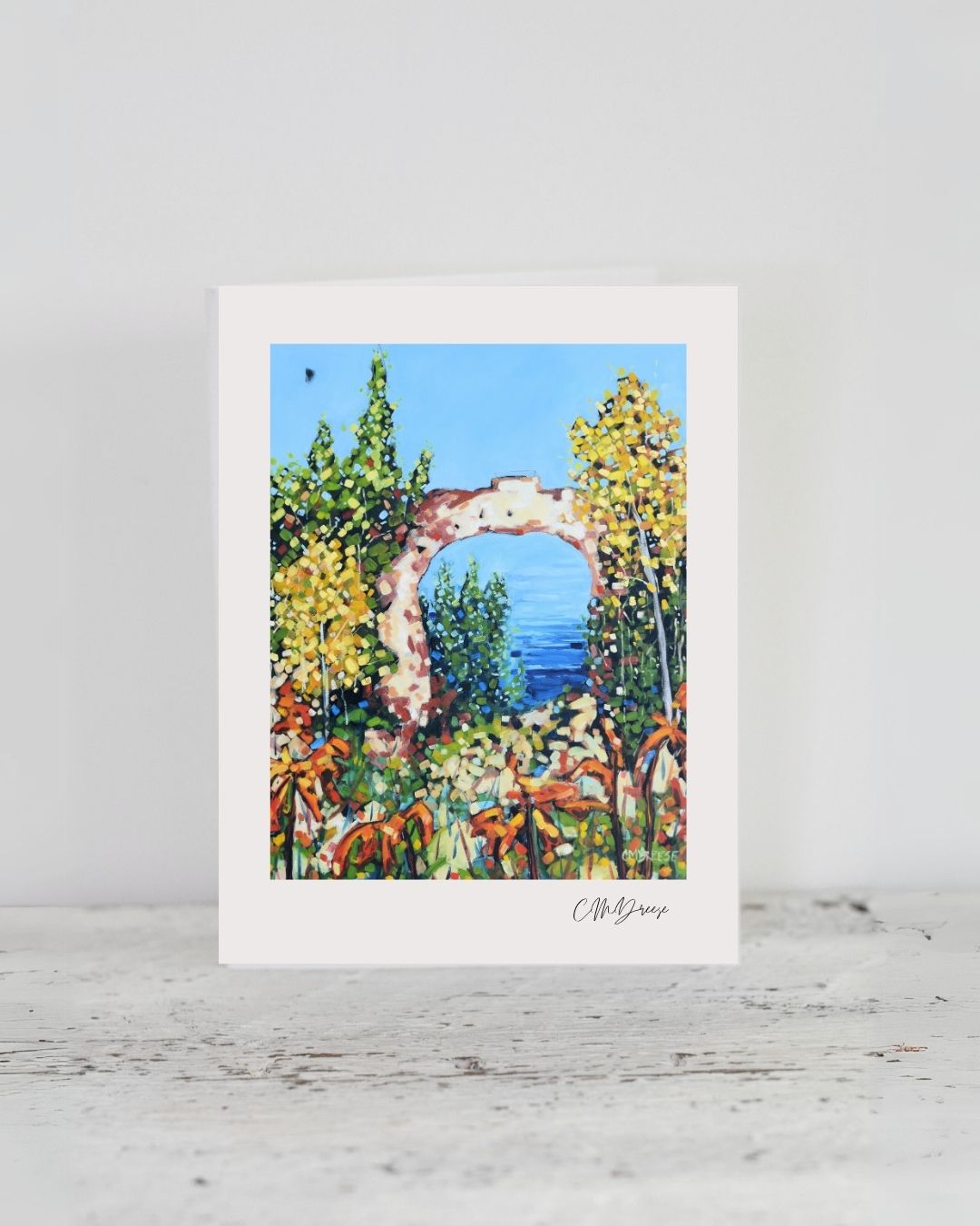 Notecard featuring Arch Rock Mackinac Island on white linen textured paper