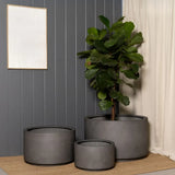 Three matte gray cylindrical planters of varying sizes arranged on a woven mat against a dark gray paneled wall, one containing a tall leafy green plant.