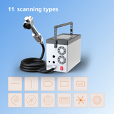 Silver-gray portable laser cleaning machine with black handle and attached coiled black cable on blue background, accompanied by icons representing 11 scanning types.