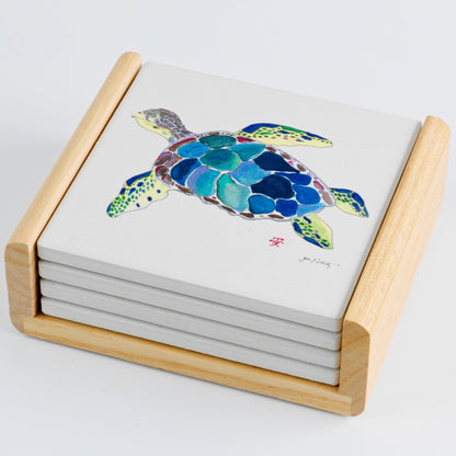 Sea Turtle Coaster set with detailed sea turtle design on a wood caddy holder, styled on a coastal-themed table