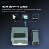 Gray desktop metal laser cutter connected via lines to phone, tablet, and laptop icons above, illustrating multi-platform control capability.