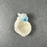 Small white stilbite crystal cluster shaped like a delicate bowl with a bright blue cavansite ball nestled on top, displayed on a gray background.