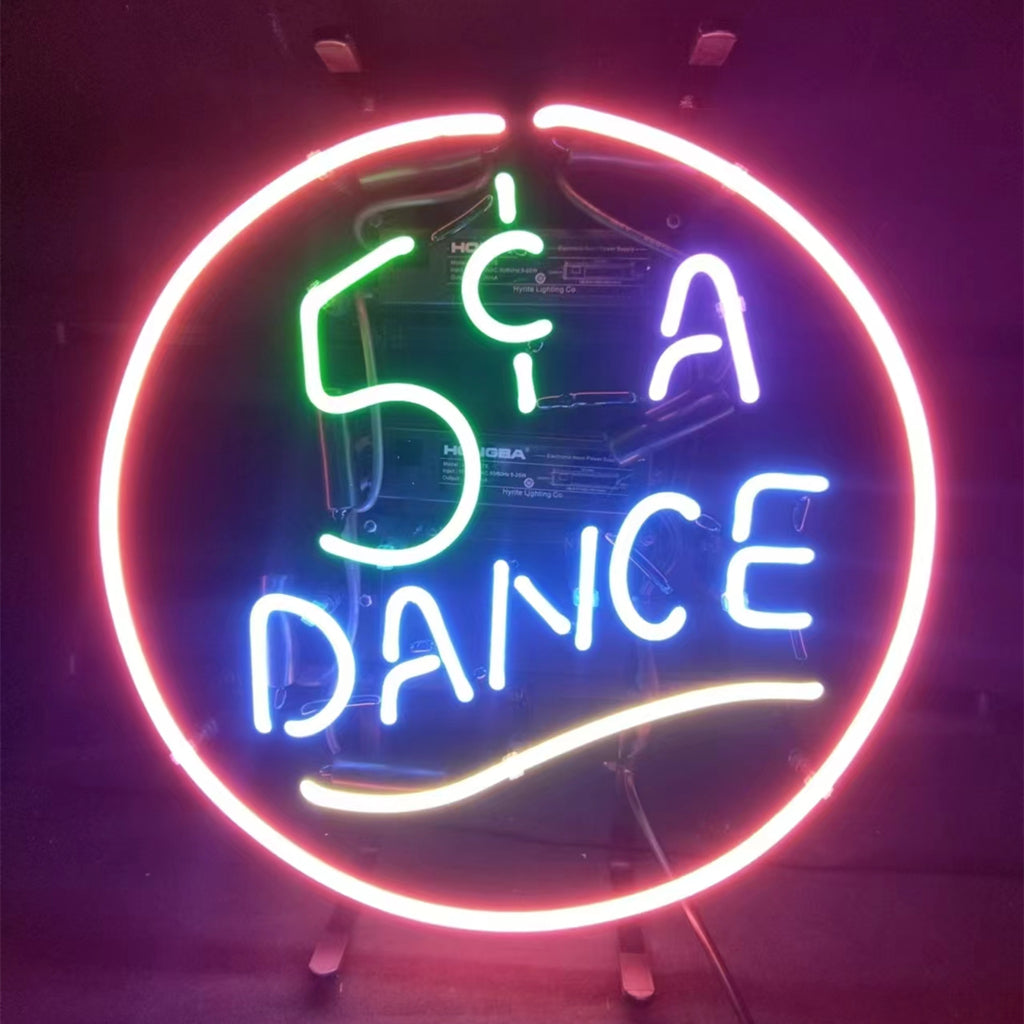5 Cent A Dance Neon Sign glowing in indoor setting
