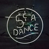 Round white neon sign with text "5¢ A DANCE" in capital letters against a dark background.