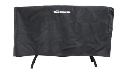 Woodhaven Full Firewood Rack Cover on firewood rack in outdoor setting