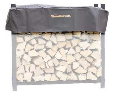 Woodhaven Short Firewood Rack Seasoning Cover in black on a firewood rack