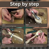 Complete Spoon Carving Kit with bent gouge, whittling knife, wooden blank, sandpaper, sharpening board, pencil, and finger wrap