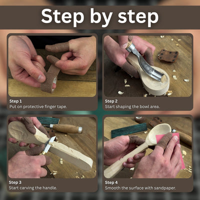 Complete Spoon Carving Kit with bent gouge, whittling knife, wooden blank, sandpaper, sharpening board, pencil, and finger wrap