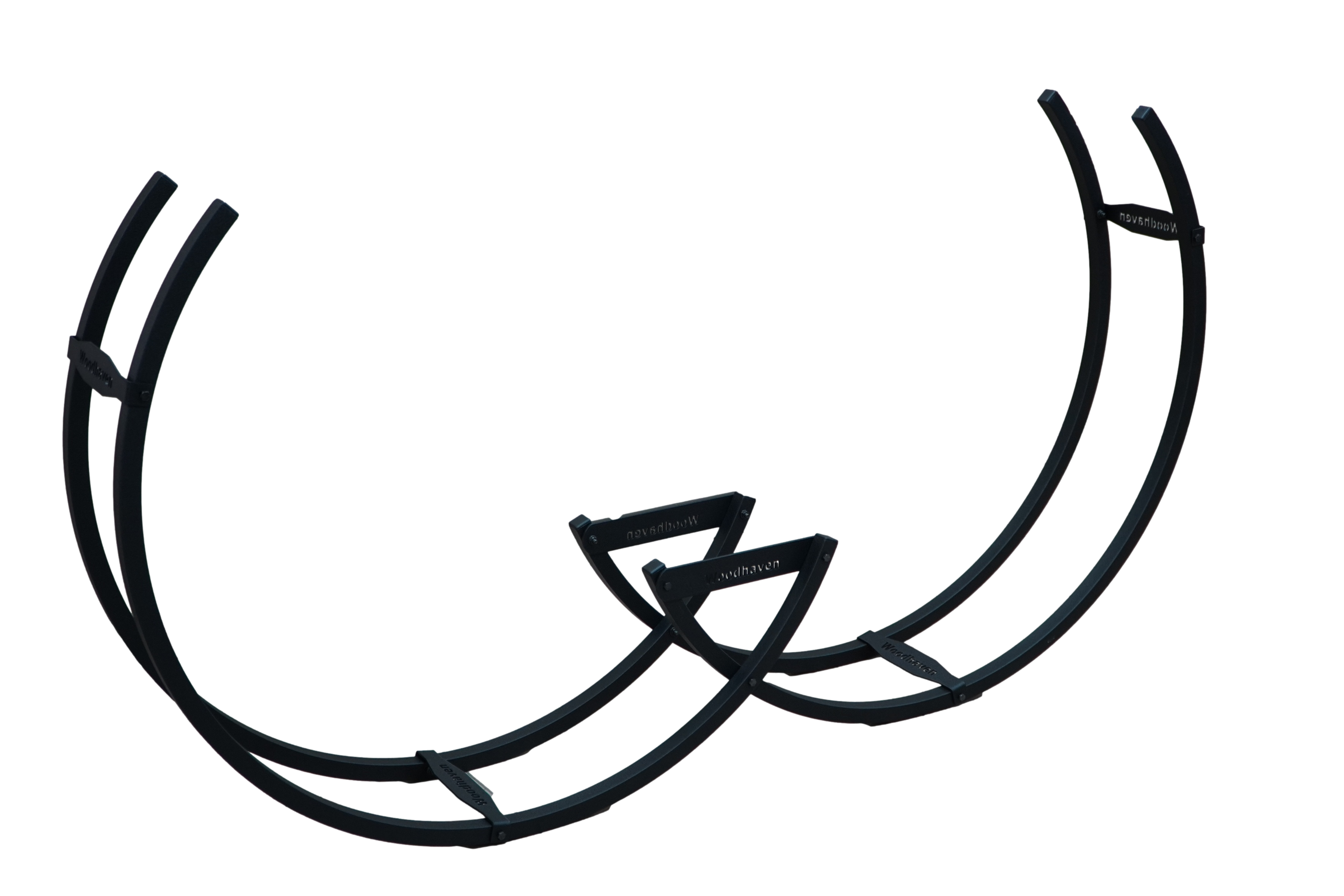 Winter Workman firewood rack by The Woodhaven showing curved steel design and wood storage