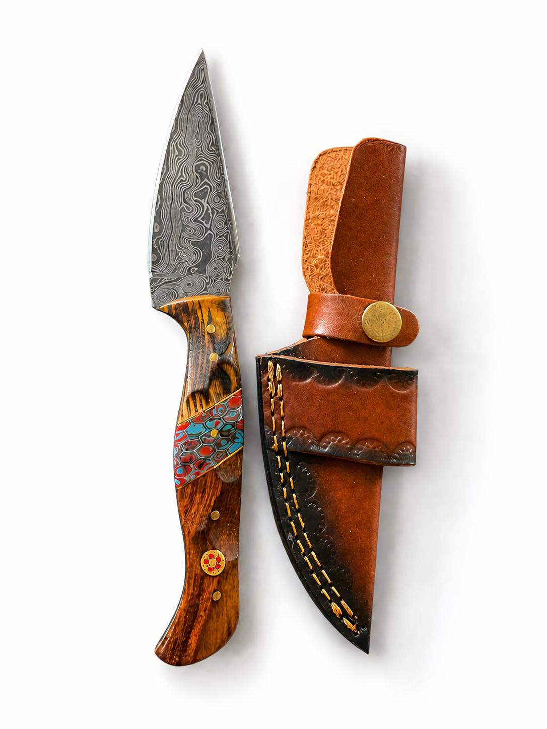 Titan "Painted Mesa" Damascus Hunting Knife | Cocobolo Rosewood & Turquoise Mosaic Handle | Hand-Tooled Leather Sheath
