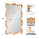 Rectangular mirror with a natural rattan frame featuring a wavy, scalloped edge, shown with close-ups of its wrapped texture and sawtooth hangers for vertical or horizontal mounting.
