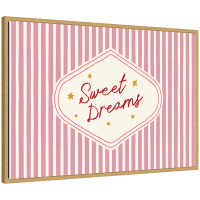 Framed canvas wall art with retro pink and red stripes and 'Sweet Dreams' typography by Lucky Guava