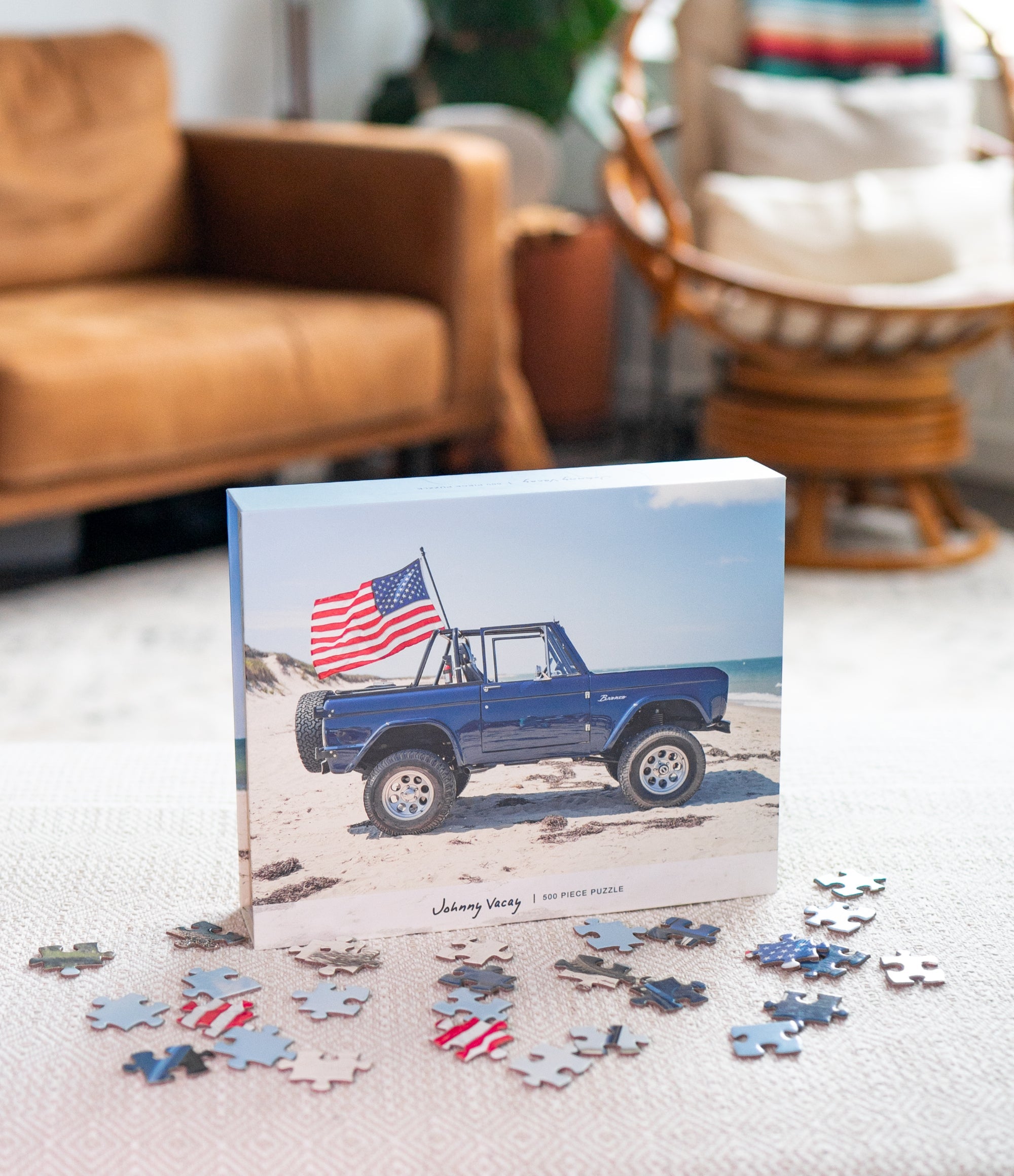 American Bronco 500 Piece Puzzle showing vintage Bronco vehicle on a beach with vivid colors
