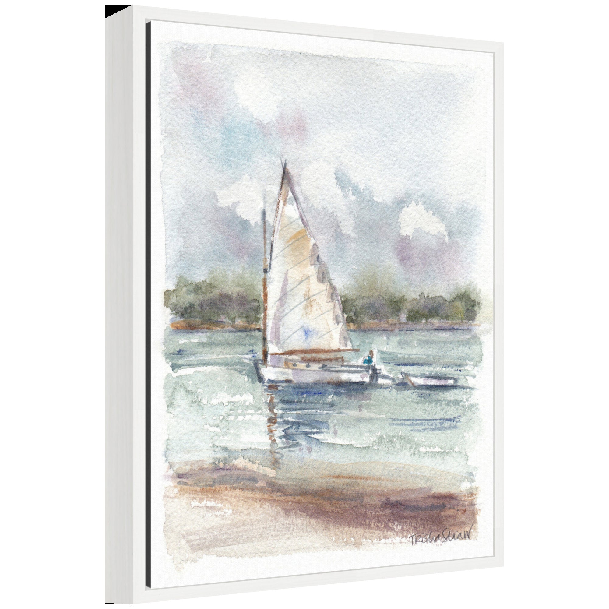 Sylvie 1 Maryanne Welch Chatham Fog Sailboat framed canvas art showing a foggy sailboat scene in muted blues and greys