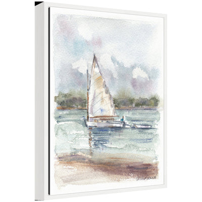 Sylvie 1 Maryanne Welch Chatham Fog Sailboat framed canvas art showing a foggy sailboat scene in muted blues and greys