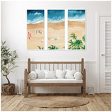 Three-panel beach scene wall art showing blue ocean waves, sandy shore with beach gear, and green palm foliage, displayed above a wooden bench with white cushions.