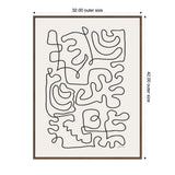 Abstract black continuous line drawing creating interconnected organic shapes on off-white background in a brown wooden frame, 32 by 42 inches outer size.