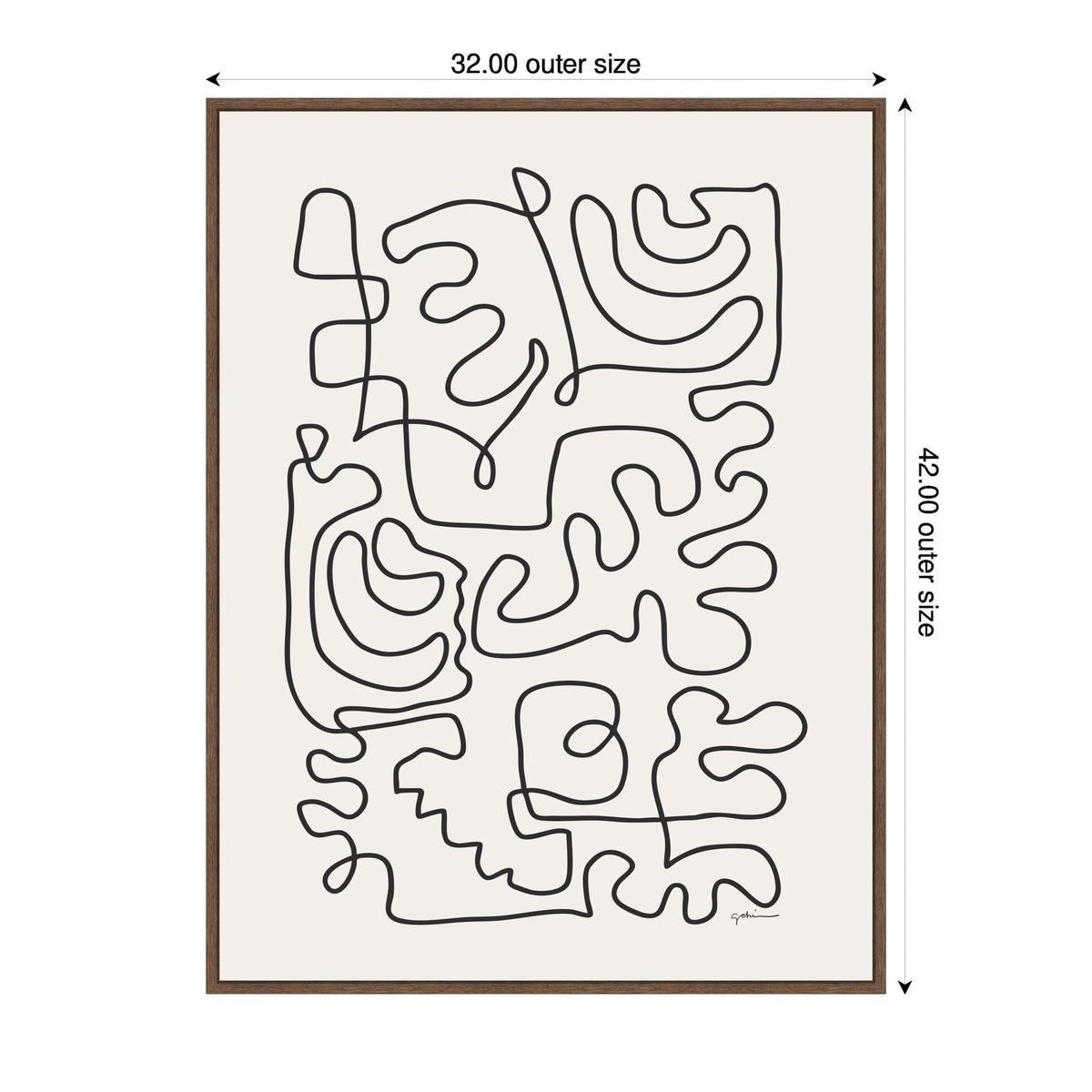 Abstract black continuous line drawing creating interconnected organic shapes on off-white background in a brown wooden frame, 32 by 42 inches outer size.