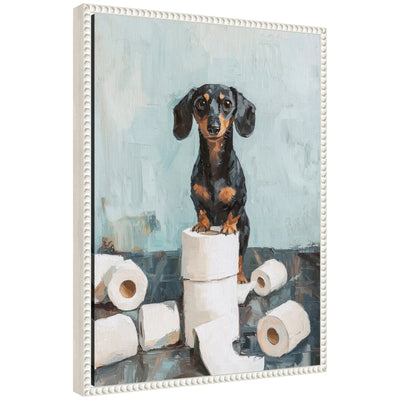 Framed canvas art showing cute dachshund dogs playing with toilet paper rolls in blue and teal colors