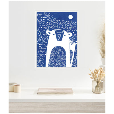 Sylvie Blue Night Bears Linocut Framed Canvas by Giuliana Lazzerini