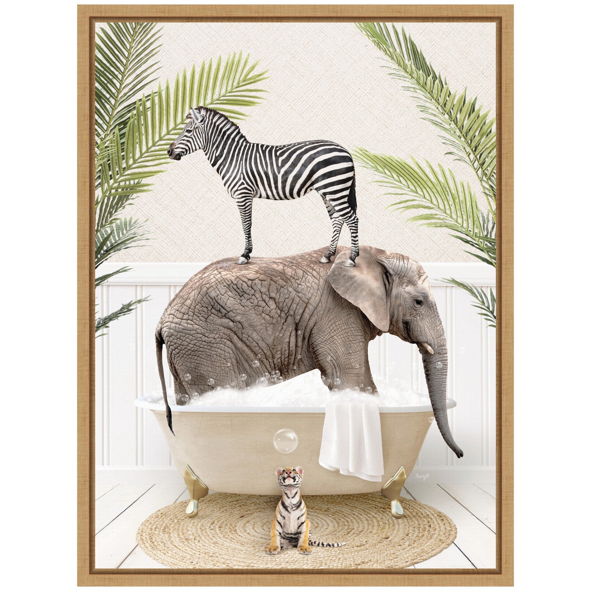 Sylvie Safari Animals in Palm Bath Framed Canvas by Amy Peterson