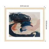 Abstract painting with broad sweeping strokes of deep blue and soft peach on a light background, accented by thin red lines, within a simple natural wood frame.
