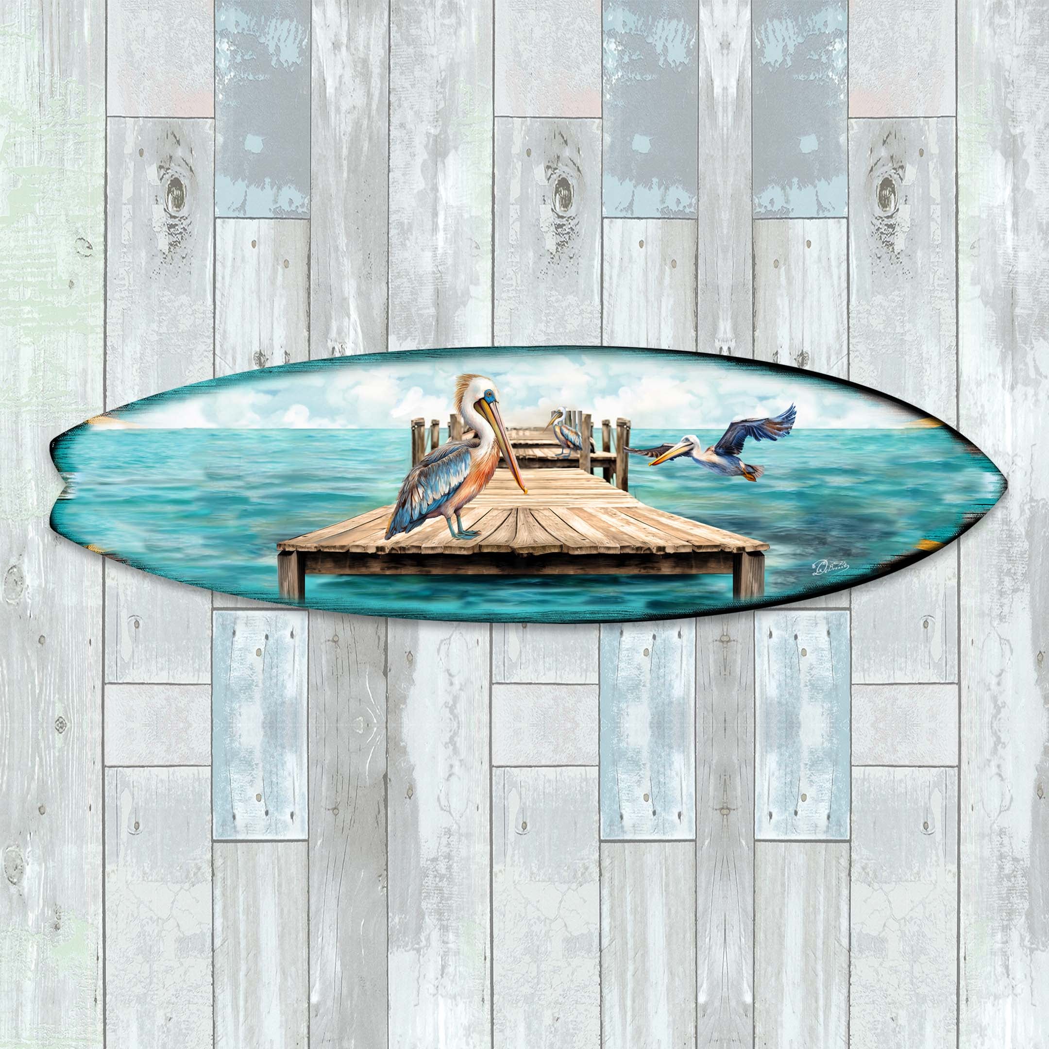 Pelican on the Pier Surfboard Coastal Wall Art by G. DeBrekht by G.DeBrekht - product image 2 for Resin Society